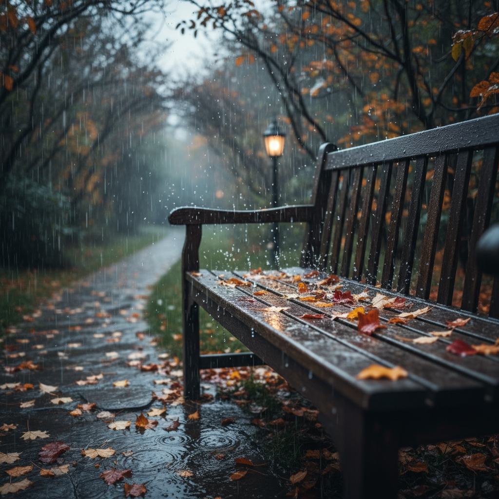 A beautiful garden bench in the rain with fallen autumn leaves, artistic photography, raindrops splashing on the surface, peaceful and romantic atmosphere.