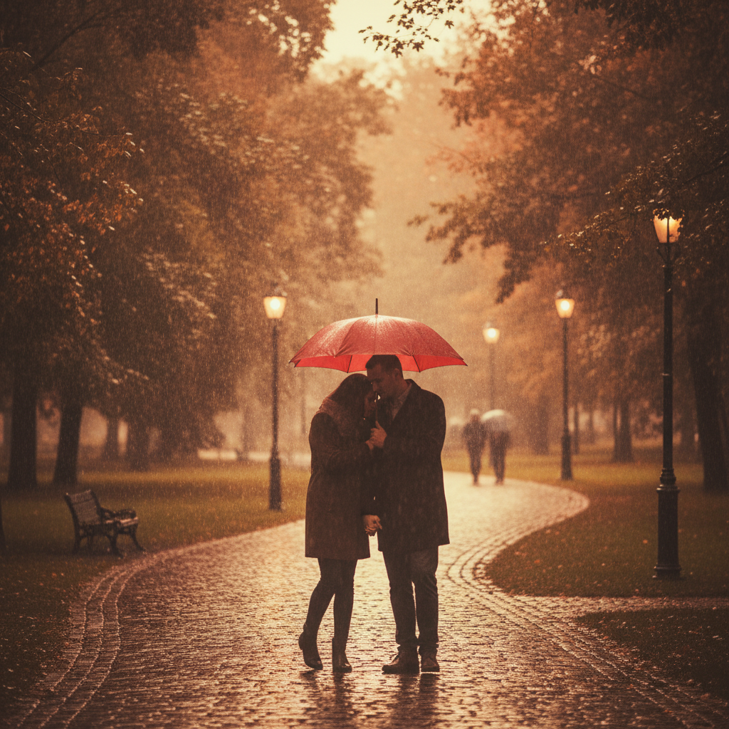 A romantic scene of a couple holding a single red umbrella walking through a light rain in a park, soft focus, warm and moody atmosphere.