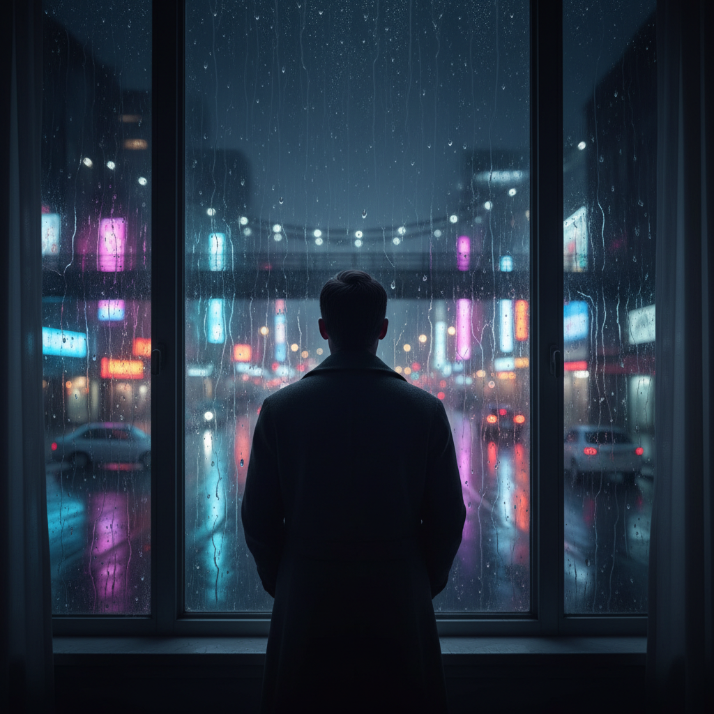 A lonely figure standing by a window looking out at a heavy downpour in the city at night, neon lights reflecting on wet streets, melancholic aesthetic.