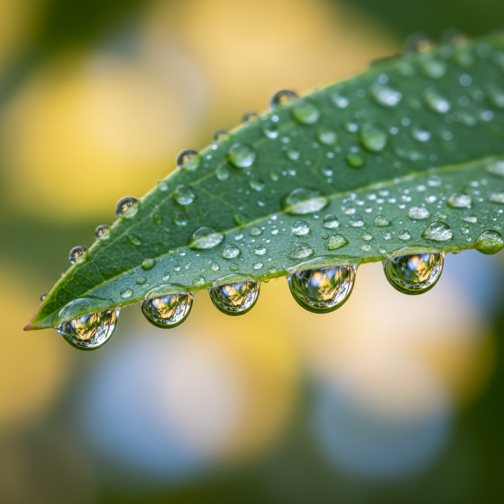 Close-up macro shot of crystal clear raindrops hanging from a bright green leaf after rain, sharp detail, natural lighting, bokeh background.