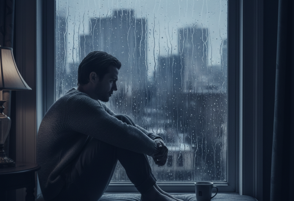 A melancholic person sitting by a window watching