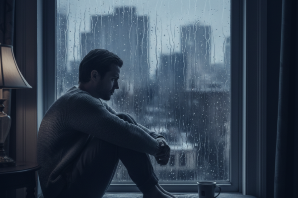 A melancholic person sitting by a window watching