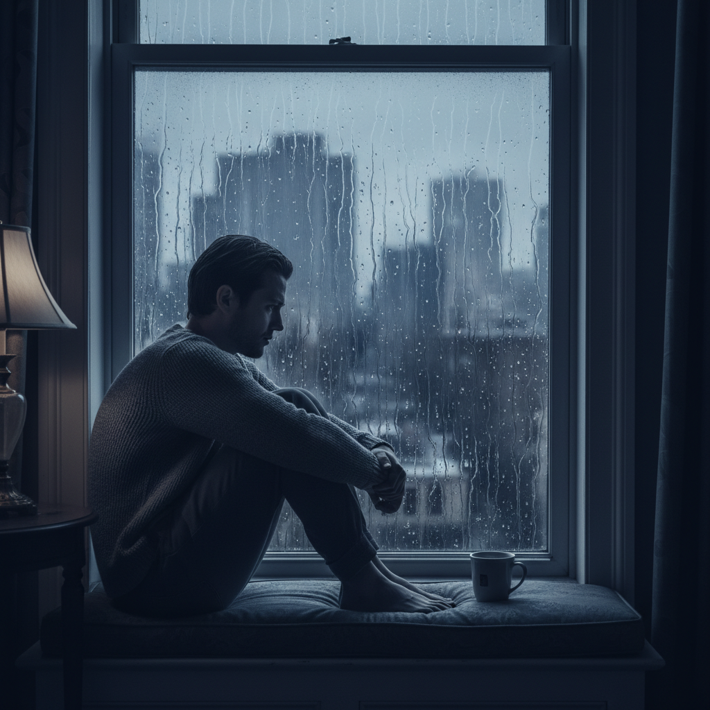 A melancholic person sitting by a window watching