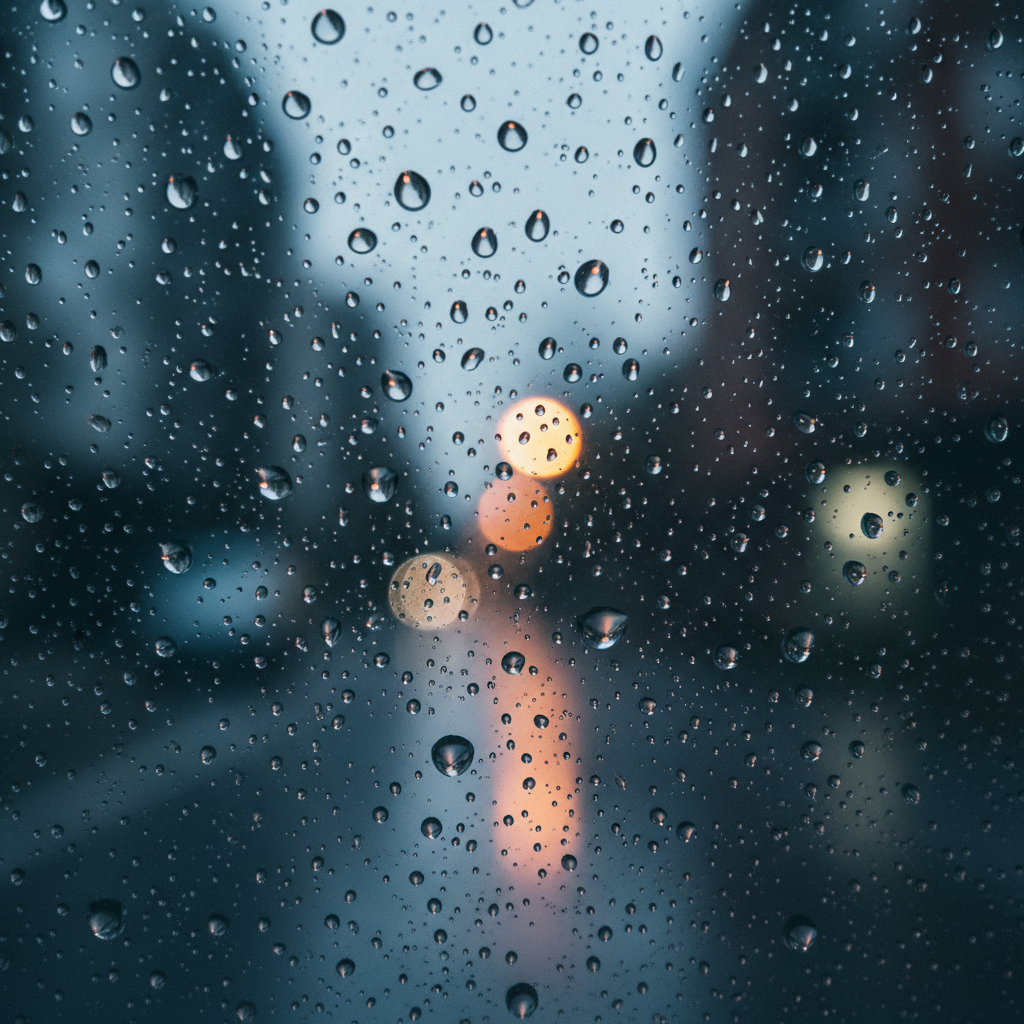 Macro shot of raindrops on a window glass with a blurred dark street light in the background, aesthetic and sad atmosphere.