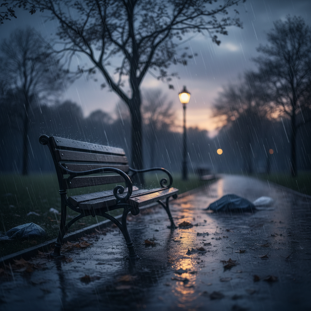 A lonely wooden bench in a park during a heavy rainstorm at twilight, moody and emotional cinematic photography.