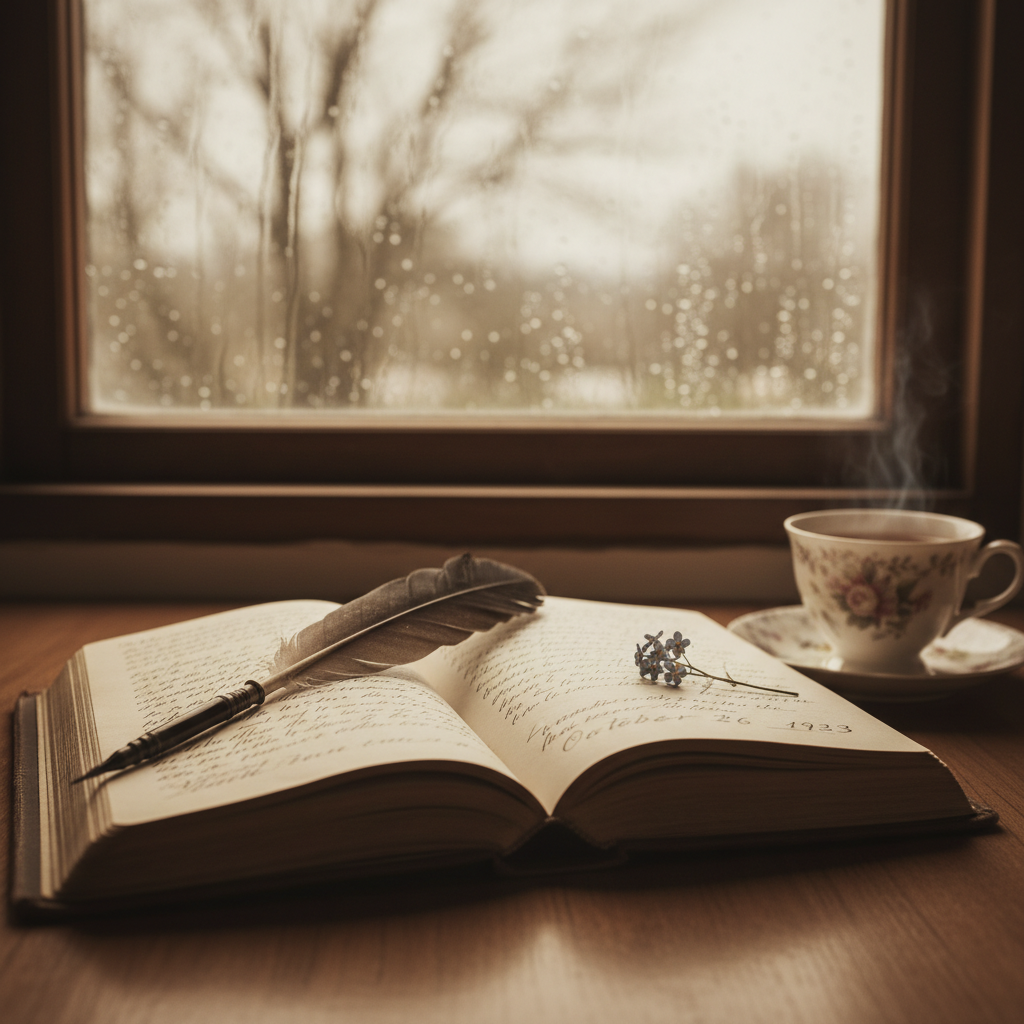 An open vintage diary with a pen on a table next to a rainy window, nostalgic and poetic vibes, soft focus.
