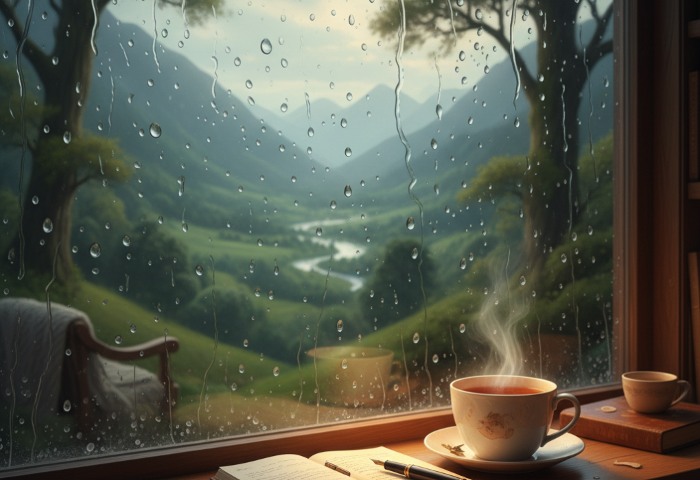 A beautiful landscape during rain with raindrops o