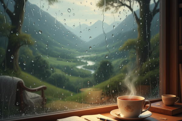 A beautiful landscape during rain with raindrops o