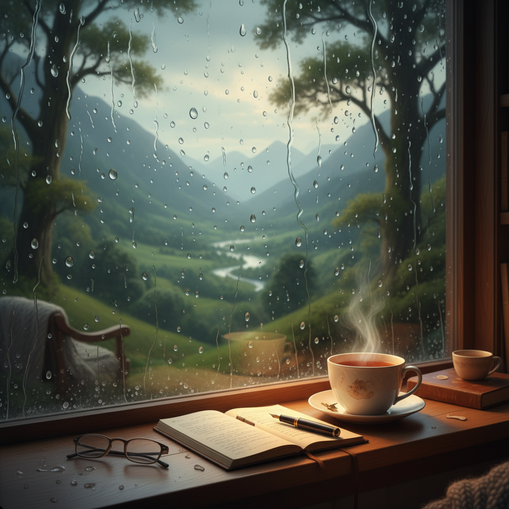 A beautiful landscape during rain with raindrops o