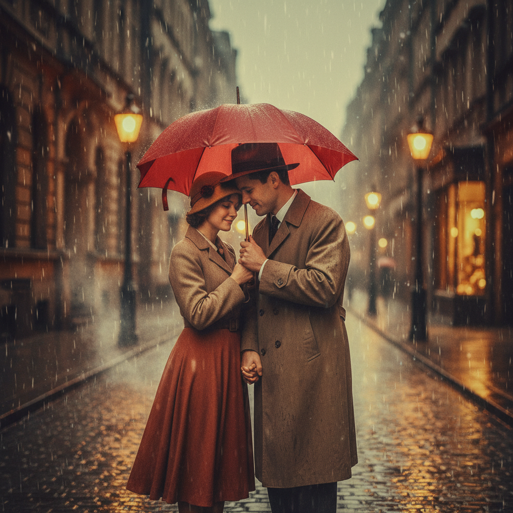 A romantic couple standing under a red umbrella in a soft rain on a city street, vintage aesthetic, warm and emotional vibes.
