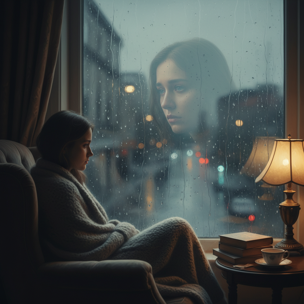 A lonely person sitting by a window watching the rain outside, reflection in the glass, melancholic and artistic style, soft focus.
