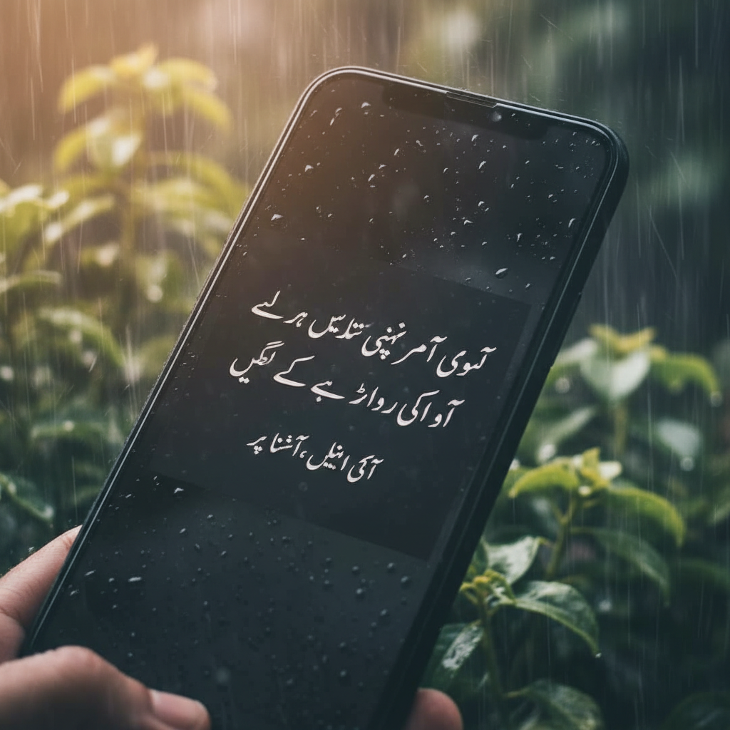 A smartphone screen displaying a romantic Urdu poetry message with a blurred background of rain falling on green leaves, aesthetic mobile photography style.