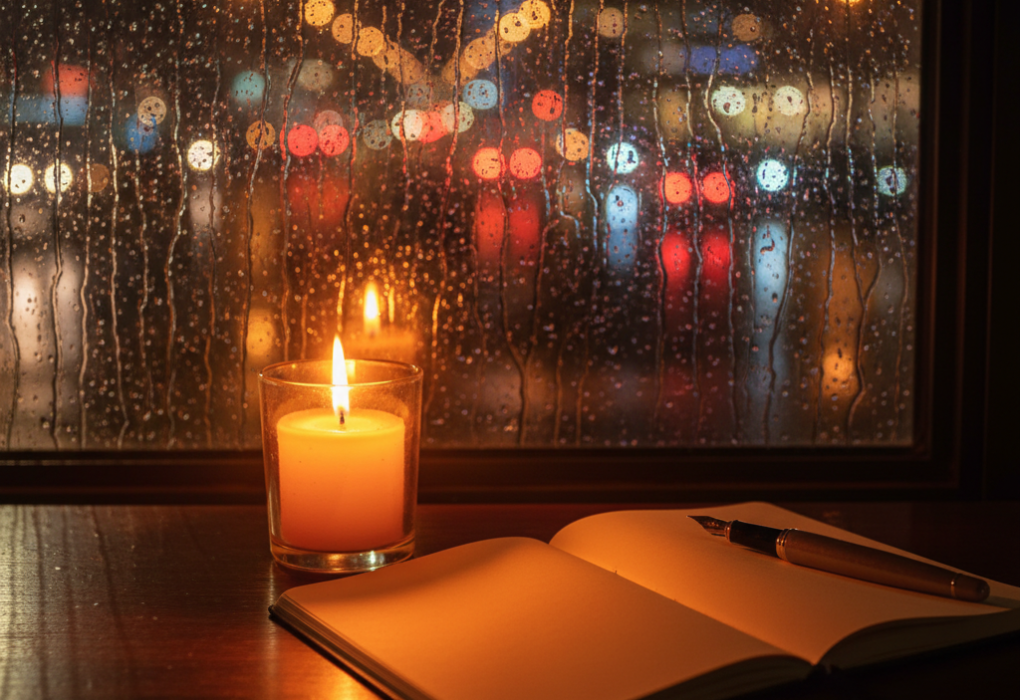 A high-quality cinematic shot of a rainy window at