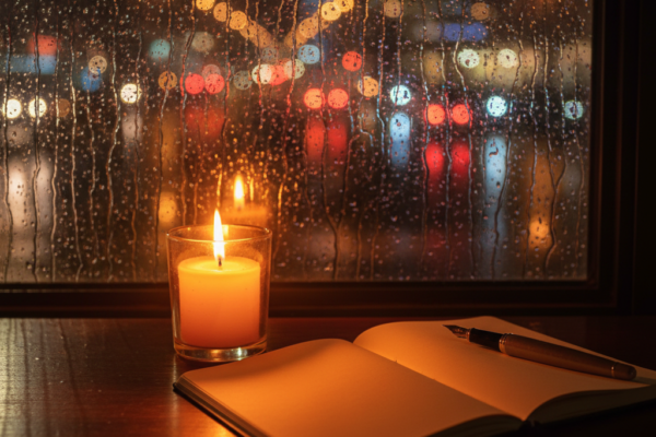 A high-quality cinematic shot of a rainy window at