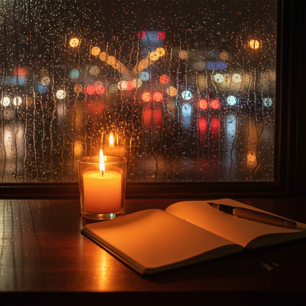 A high-quality cinematic shot of a rainy window at