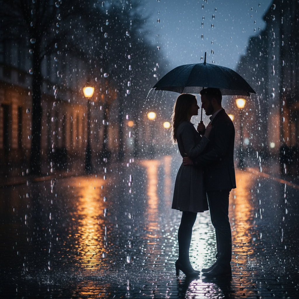A romantic couple standing under a large umbrella in a softly lit street during a rainy night, silhouettes, cinematic rain droplets, warm street lamp glow.