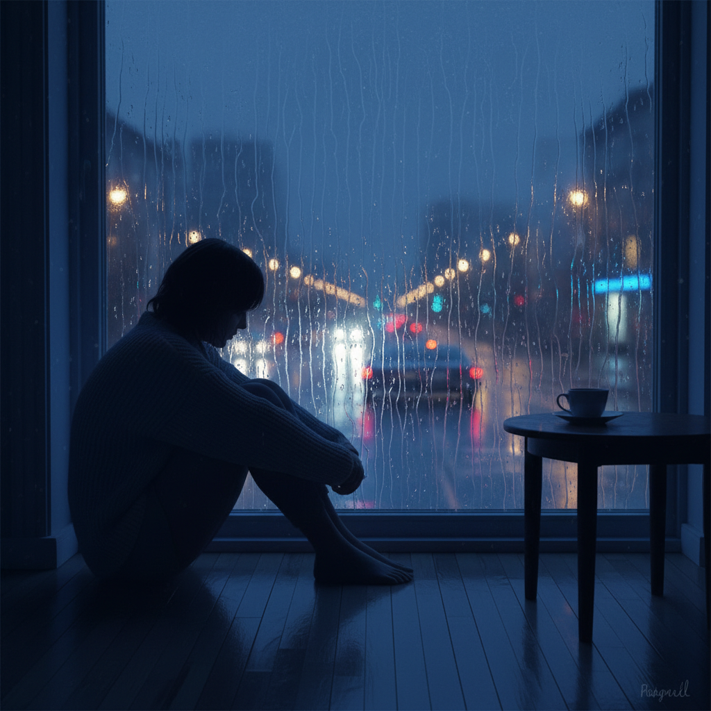 A lonely person sitting by a large window looking at the rain outside at night, soft blue and dark tones, feeling of nostalgia and melancholy.