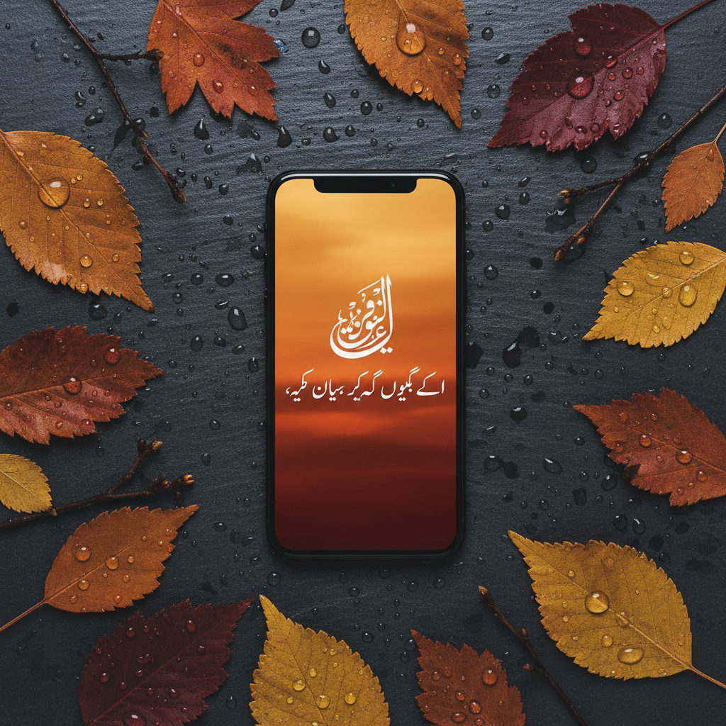 A creative flat lay of a smartphone showing a WhatsApp status with beautiful Urdu text, surrounded by autumn leaves and rain droplets on a dark surface.