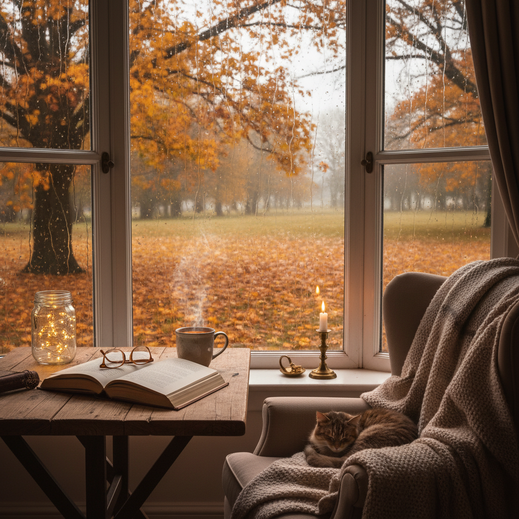 A cozy aesthetic scene of a wooden table near a window, a steaming cup of tea, an open book, and rain falling outside on autumn leaves.