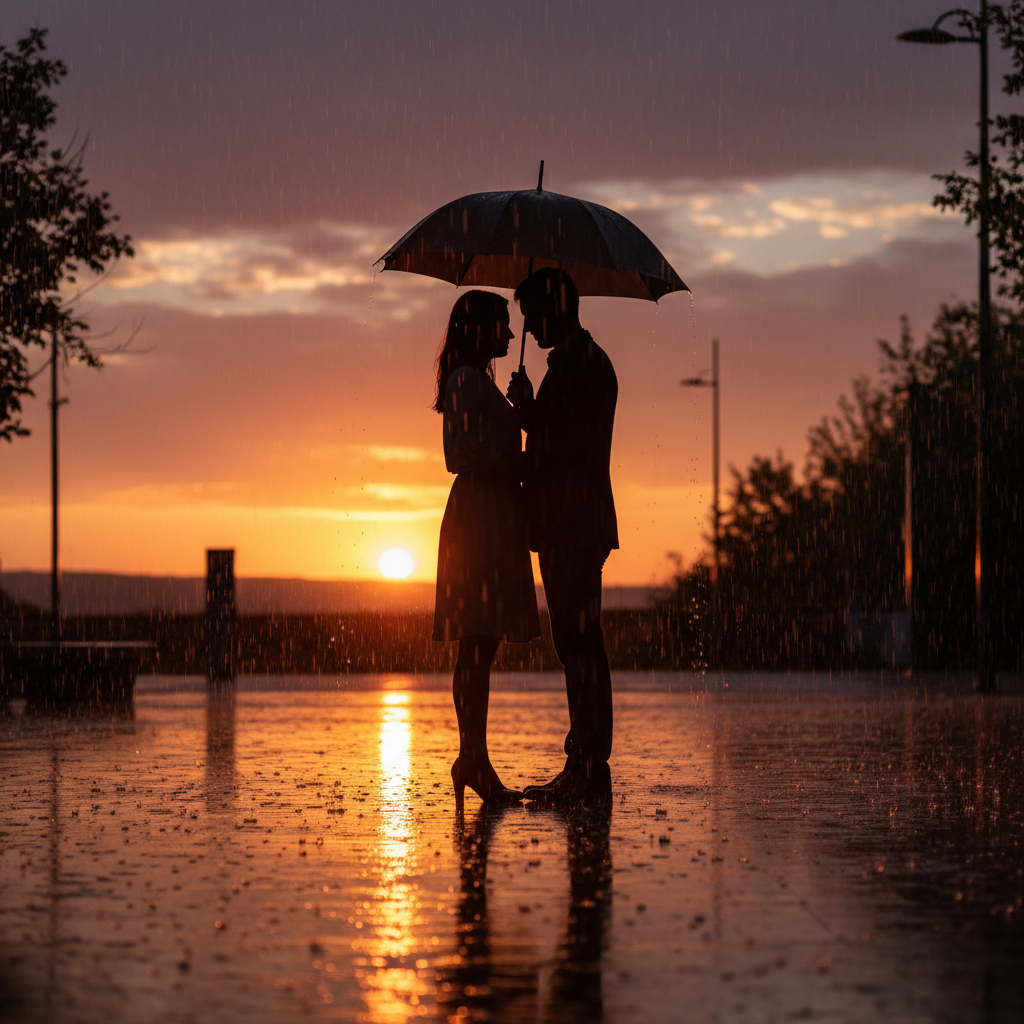 A romantic couple silhouette standing under one umbrella in a light rain during sunset, soft warm lighting, cinematic photography.